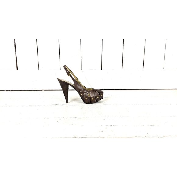 Guess brown leather studded peep toe platform high heel slingback pumps 6.5 M - Picture 1 of 8